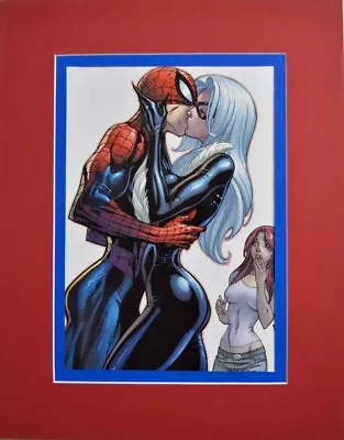 SPIDER-MAN KISSING BLACK CAT Art PRINT PROFESSIONALLY MATTED J Scott Campbell MJ • $34.99