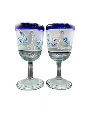 Vintage Mexican Blown Glass Hand Painted Doves Wine Glasses Goblets Signed (2) • $22