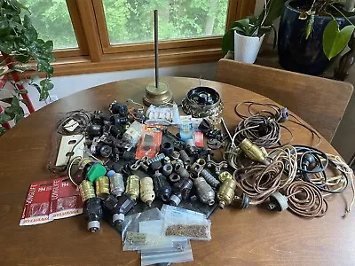 VINTAGE Huge Lot BRASS CHANDELIER LAMP LIGHT SPARE PARTS SOCKETS PLUGS CORDS • $29.99