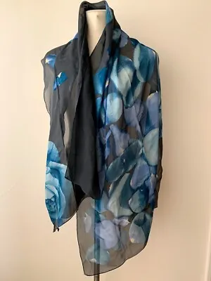  Mochino Women !00% Silk Rectangle Scarf Dark Grey-Blue Flower • $39