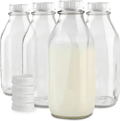 Stock Your Home Liter Glass Milk Bottle With Lid 4 Pack 32 Oz Jugs And 8 White • $32.80