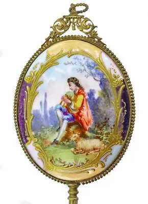 Artist Signed 19th C. French Hand Painted Enamel Porcelain & Bronze Hand Mirror • $255.75