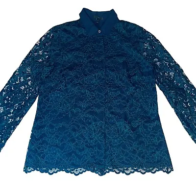 J Crew Lace Collared Holiday Button Down Shirt Blue Green Size 4 • $12.33