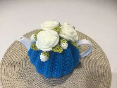 Extra Thick3 Cup Tea Pot Cosy Hand Knitted With White Crochet Roses & Rose Buds. • $25