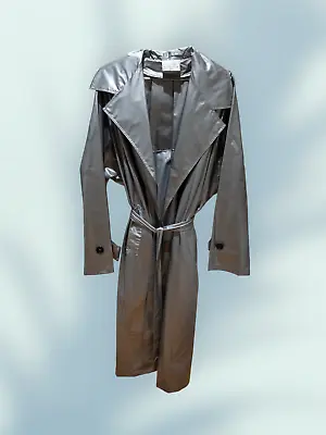 Mespo Vintage Silver Shiny Vinyl Rain Coat  Long Trench Plastic PVC One Size • $70