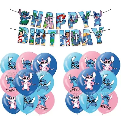 Stitch Balloons Banner Angel Lilo And Stitch Kids Happy Birthday Party Decor • £5.99