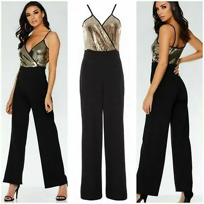 NEW SZ 8-16 QUIZ Jumpsuit Gold And Black Sequin Wrap Palazzo Jumpsuit RRP £35 • £16.99