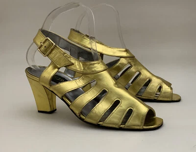 £19.99 • Buy Johny 1960s Vintage Gold All Leather Open Toe Sling Back 3” Heel Shoe UK 4 EU 37