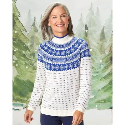 Appleseed's Snowflake Fair Isle Mockneck Sweater Blue White Size Medium Women's • $25