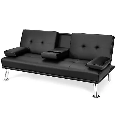 Costway Convertible Folding Futon Sofa Bed Leather W/ 2 Hidden Cup Holders Black • $289.99