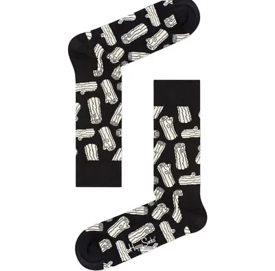 HAPPY SOCKS Men's Black Log Cotton Crew B&W Socks Size 8-12 NWT • $8