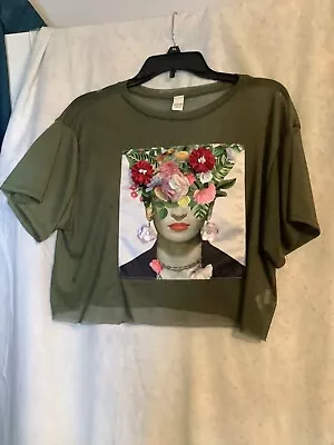 Frida Kahlo Green Sheer M Crop Top.  3D Flowers And Bling. • $24.99