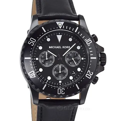 Michael Kors Mens Everest Chronograph Watch Black Dial Black Leather Strap • $114.35