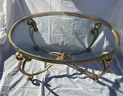 Hollywood Regency Maison Jansen Style Coffee Table Gold Brass Glass Oval READ • $339.15