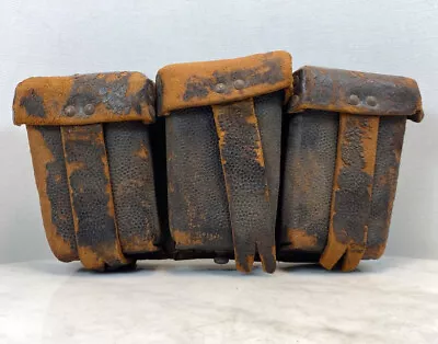 WW II German Ammo Cartridge Belt Pouch. 3 Pockets Riveted Leather K98 • $95