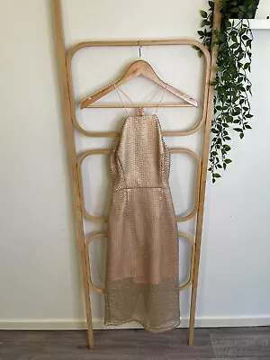 Elle Zeitoune Size 6 Womens Gold Sequin Overlay Halter Open Back Lined Dress EUC • $26.25