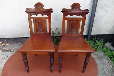 Pair Of Antique Late Victorian Mahogany Carved Hall Chairs Circa 1895 / 1910. • £145