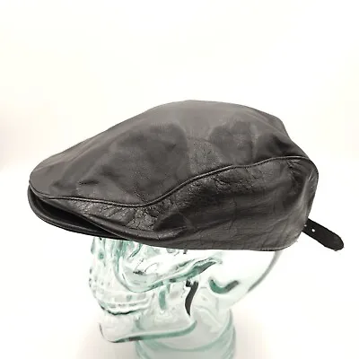 Vintage Black Leather Flat Cap Newsboy Size Large Adjustable Strapback  • $21