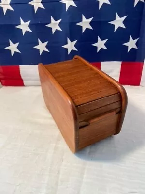 Vintage TEAK - Tech Wood File Box Tambour Roll Top Desk Top Storage Organizer • $24.99