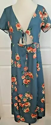 New Maxi Dress Halter Top Blue Floral Boho  Sexy Cleavage Low Cut Large • $18