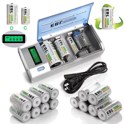 EBL 5000mAh/10000mAh C D Size Rechargeable Batteries+ AA AAA 9V Battery Charger • $25.99