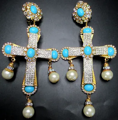 LAWRENCE VRBA Faux Turquoise & Pearl Rhinestone HUGE Cross Clip Earrings • $399.99