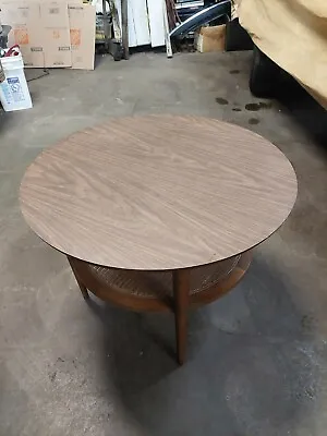 Mid-century Lane Walnut Round Coffee Table W/ Wicker Shelf Danish Modern 1038-22 • $275