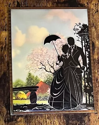 Vintage Silhouette Reverse Painted Black Lady & Man Umbrella On Convex Glass • $22