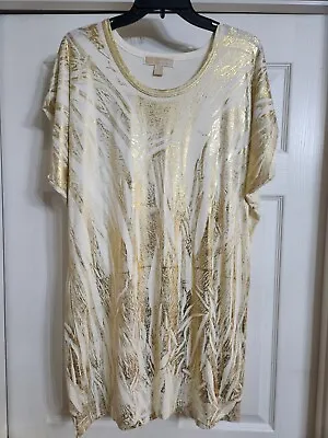 Michael Michael Kors Women Gold Metallic Palm Leaf Cap Sleeve Rayon Tunic Large • $19.99