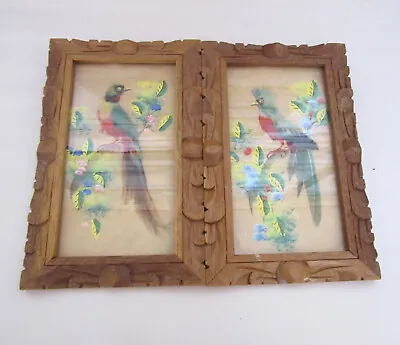 Set Of 2 Vintage Watercolor Bird Pictures W Real Feathers & Hand Carved Frames • $39.99