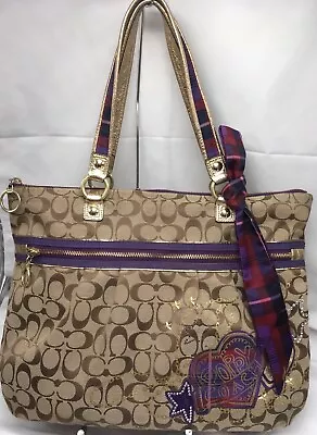 Coach Poppy Tartan Plaid Glam 15882 Shoulder Handbag Tote Khaki Tan PurpleGold • $79.95