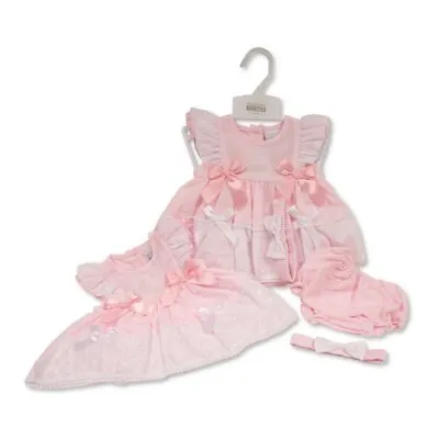 New Baby Girls ~ Bows & Lace Dress Set ~  Spanish Romany White Pink ~ NB-6M ~abg • £14.95