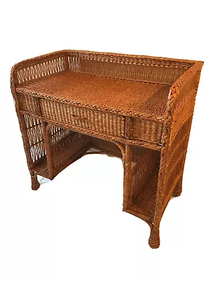 $795 • Buy Antique Willow Wicker Reed 36” Writing Desk Pineapple Feet