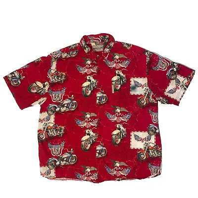 Magellan Sportswear Motorcycle & USA Flag Red Patriotic Hawaiian Shirt - XL • $4.76