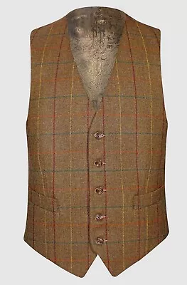 Mens Gold Check British Wool Tweed Waistcoat • £32