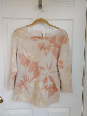 Chicos Size 2 Womens Large Sweater Peach Floral 3/4 Sleeve Linen Blend • £19