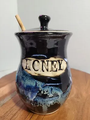 Vintage(?) Honey Pot Black/Blue/Tan Pattern With Wooden Honey Spoon  • $55