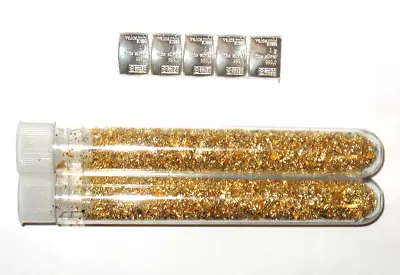 👍 5 X 1 Gram 999 Silver Valcambi Suisse Bars + 2 Vials Of Gold Flakes! • $14.75