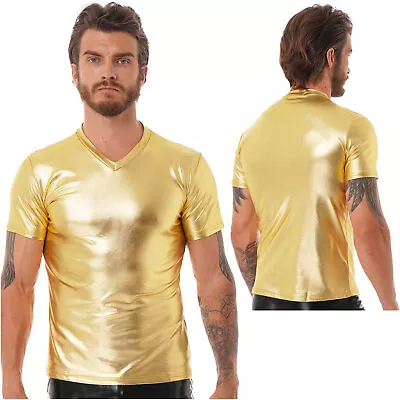 US Men T-Shirt Casual Metallic Tee Short Sleeve V Neck Shiny Tops Party Clubwear • $14.22