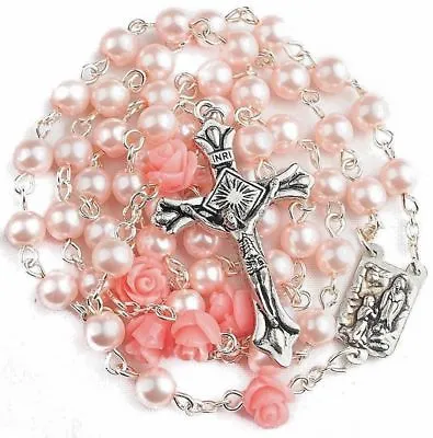 Catholic Pink Pearl Beads Rosary Necklace Rose Lourdes Medal Cross Crucifix • $12.45