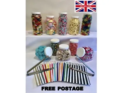 Mixed Plastic Sweet Jars X10 White Lids 2 Tongs 100 Bags Candy Buffet Party • £15.49