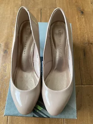 Womens M&S Insolia Nude Patent Stiletto Heel Court Shoes Size 4.5 Wider Fit • £10