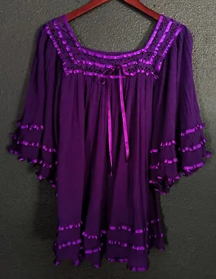 VTG 80s Mexican Gauze Purple Crochet Lace Angel Sleeve Ribbon Top Blouse Witchy  • $64.99