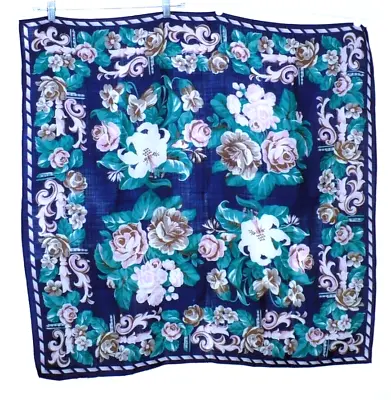 1980s Vtg Ginnie Johansen Large Wool Scarf Square Dk Blue Bold Floral 34X34  • $18