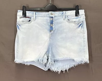 Vtg TOMMY HILFIGER Destroyed Denim FLAG LOGO Button-Fly CUT-OFF Jean Shorts 14 • $13.50