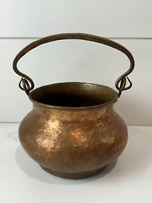 Artisan Hammered Copper Caldron Cachepot Bucket With Handle Hearth Pail Vintage • $90