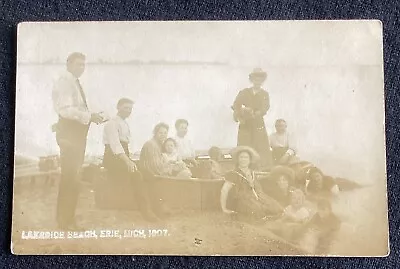 RPPC Lakeside Beach Real Photo Postcard Erie Michigan 1907 Boat Bathing Beauty • $4.90