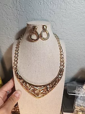 Vintage Gold-Tone Monet Statement Necklace And Piercing Earrings Set • $46