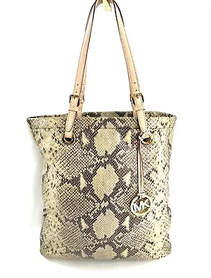 Michael Kors Cream Black Snakeskin Leather Large Tote Shoulder Bag Brass Charm • $49.52