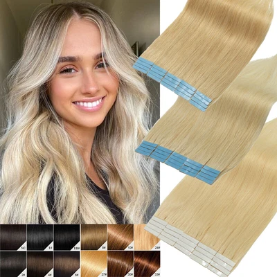 £23.28 • Buy Tape In Extensions 100% Human Hair Russian Remy Skin Weft Thick Full Head DIY 8A